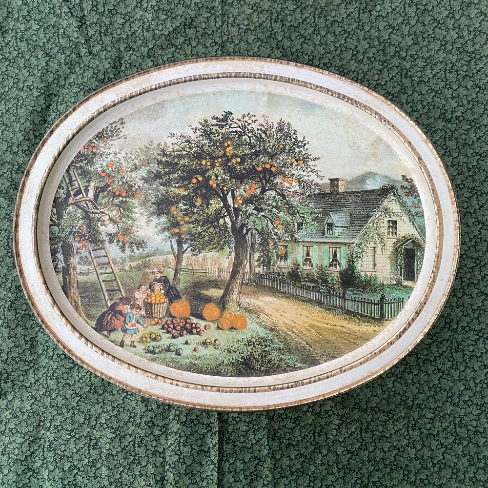 Currier & Ives Sunshine Biscuit Vintage Oval Metal Cookie Box with Lid